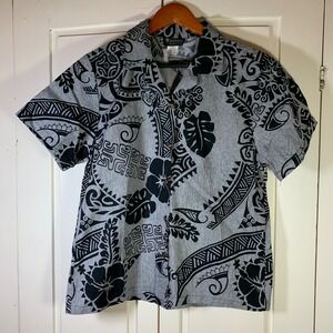 Puanani Made in Hawaii Hawaiian Shirt Gray‎ Black Floral Tribal Print Medium